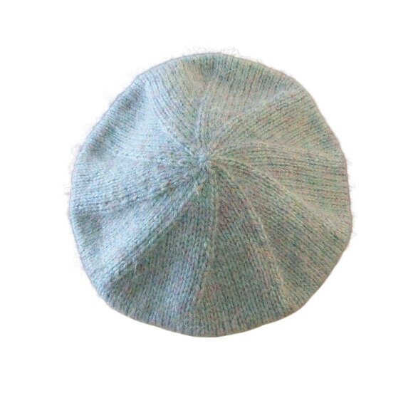 Handmade Womens Fuzzy Beret Hat Light Blue Marled Purple Flecks Winter Warm - Picture 4 of 5